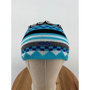 SWIX Ski Beanie Hat Blue Black Geometric Pattern Pom Poms Winter Warm